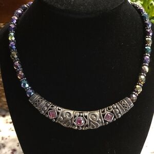Chico's Silver and Purple Beaded Necklace